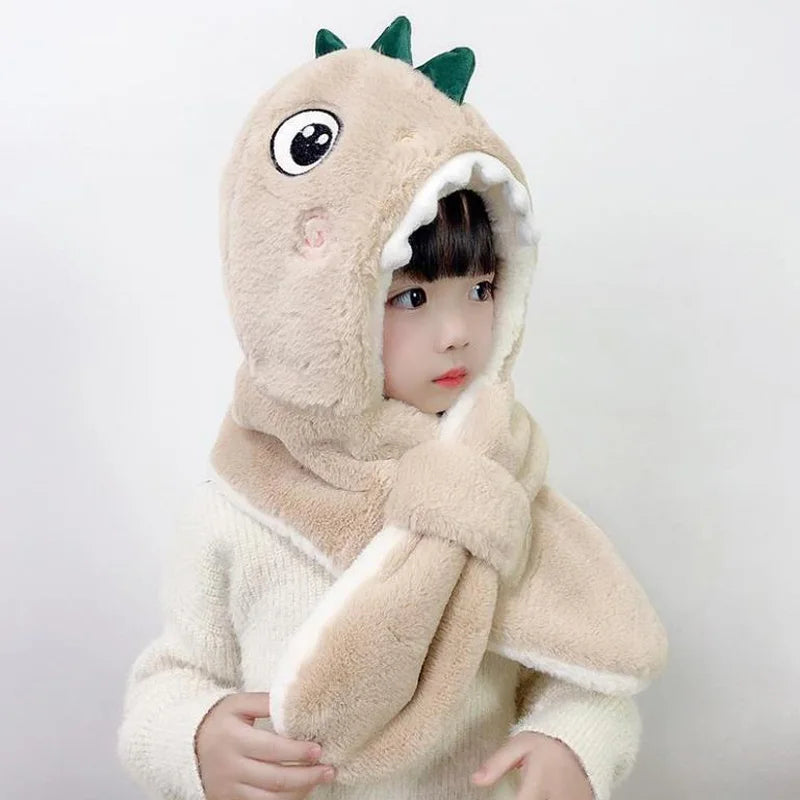 Doitbest Cartoon Dinosaur Children Winter Hats Beanies Set Kids Child Knitted Fur Hat Scarf One-piece Boys Girls Earflap Caps