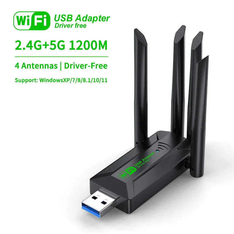 1200Mbps WiFi USB Adapter Dual Band 2.4G+5Ghz Wi-Fi Dongle 4 Antenna 802.11AC USB3.0 High-Speed Wireless Card Receiver PC/Laptop