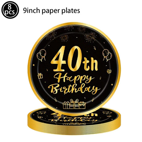 30th 40th Birthday Black Gold Men Women Party Supplies Plates Decoration Disposable Paper Tableware Cups Napkins Vintage Party