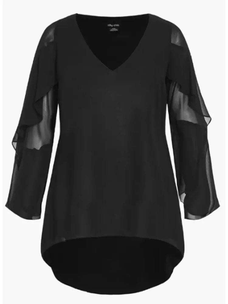 New Female Plus Size Casual Black Layered Ruffle Sleeve Top Office Lady A-Line Spring Autumn V-Neck Fashion Women's Top Blouse