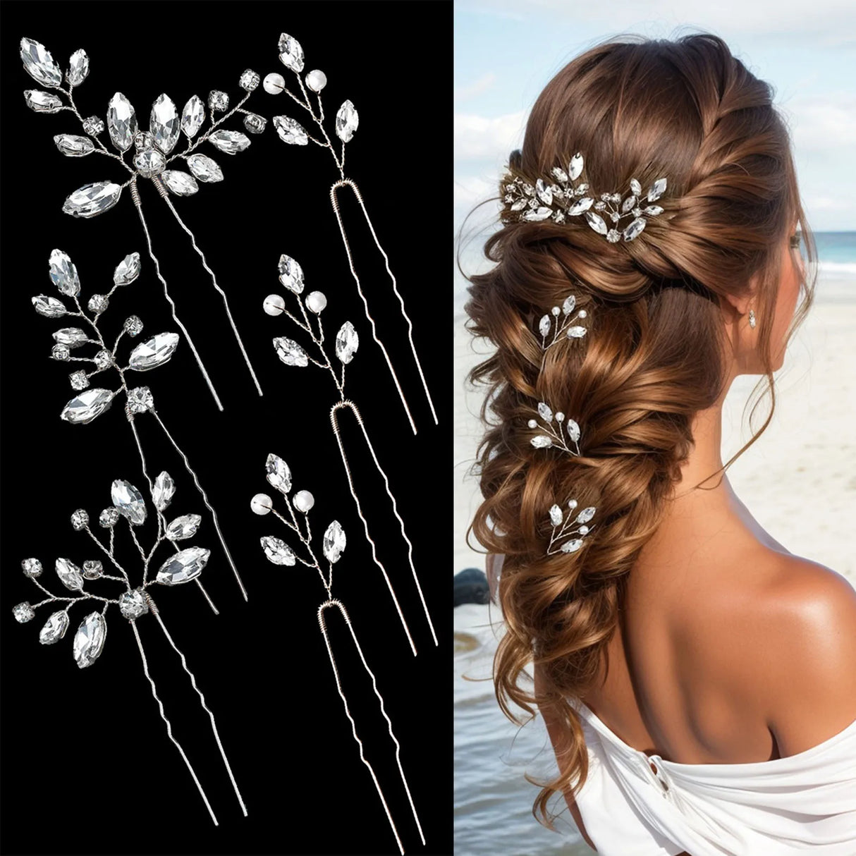 Pearl Flower Hairpin Side Comb Golden Leaf Shaped Alloy Tiaras Wedding Bride Insert Hair Clips Hair Jewelry Bride Headwear