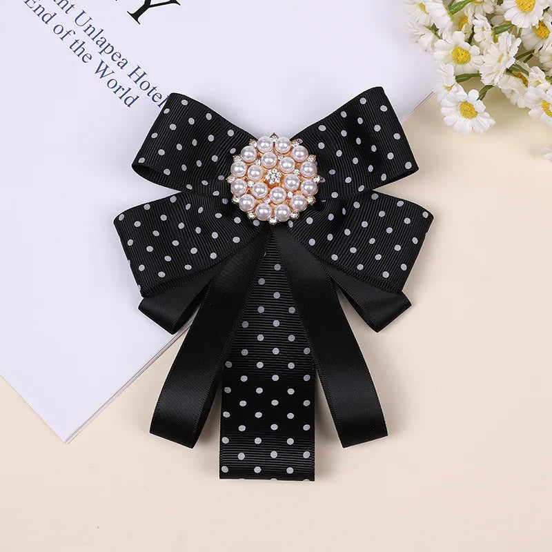 Korean Bow Tie Brooch Women's College Style Bank Suits Shirt Accessories Gifts Fabric Ribbon Crystal Pearl Collar Flowers Pins