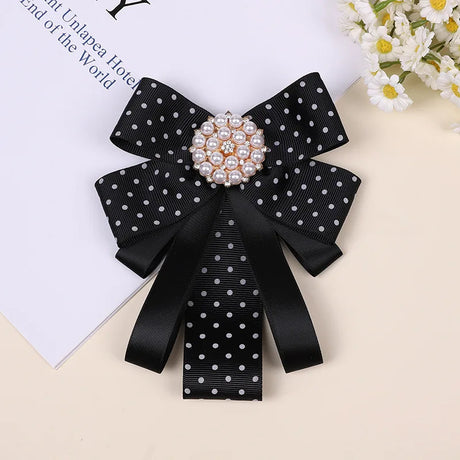 Korean Bow Tie Brooch Women's College Style Bank Suits Shirt Accessories Gifts Fabric Ribbon Crystal Pearl Collar Flowers Pins