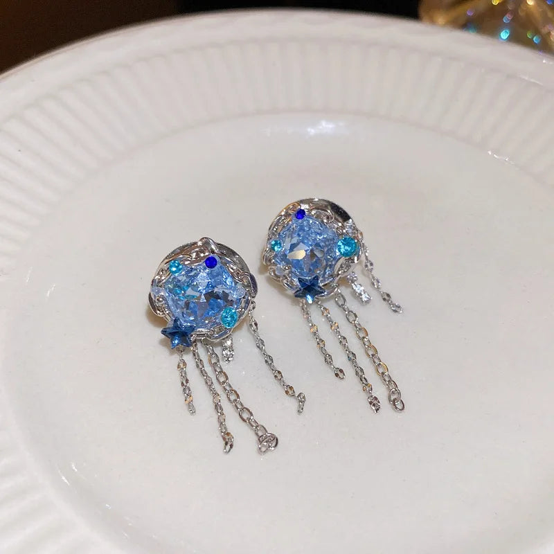 Exaggerated Blue Rhinestone Crystal Geometric Flower Long Tassel Earrings for Women Cool Drop Dangling Earring Party Jewelry