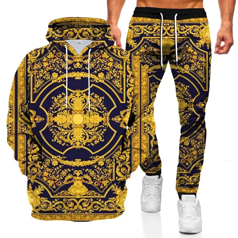 Men's Tracksuits Fashionable Hoodie Sports Suit 3D Geometric Graphic Printed Casual Loose Long Sleeve Pants Set 2 Pieces