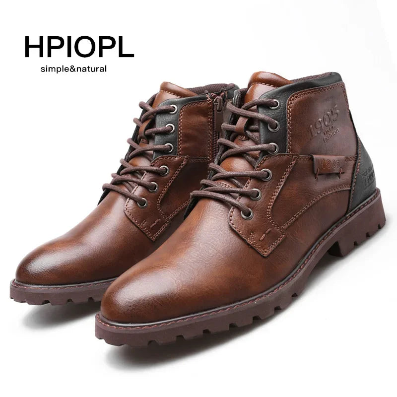 Leather Men Ankle Boots Plus Size High Top Shoes Outdoor Work Casual Shoes Motorcycle Military Combat Boots Fashion Autumn Brown