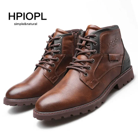 Leather Men Ankle Boots Plus Size High Top Shoes Outdoor Work Casual Shoes Motorcycle Military Combat Boots Fashion Autumn Brown