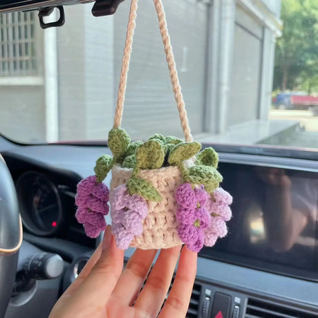 NEW Cute Potted Plants Crochet Car Basket,Hanging Plant Crochet for Car Decor,Car Ornament Rear View Mirror Hanging Accessories