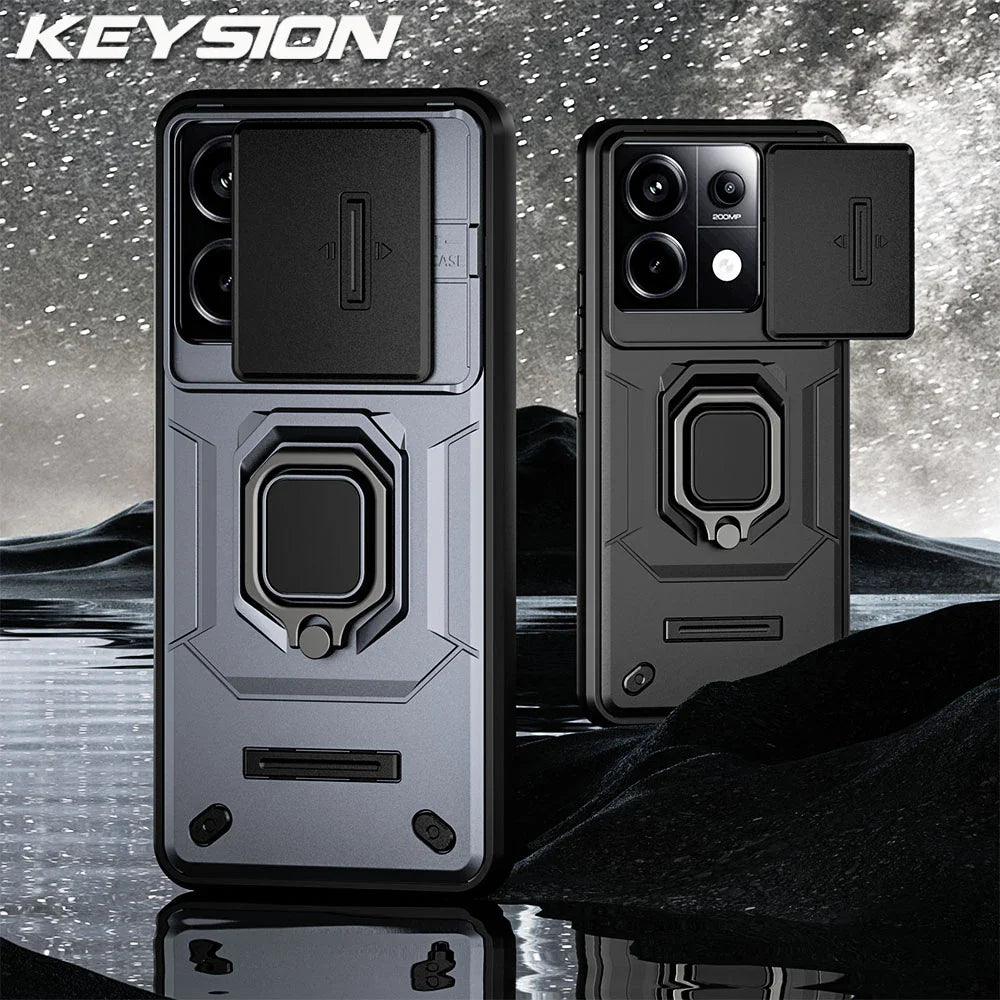 KEYSION Shockproof Case for Redmi Note 13 Pro 5G Slide Camera Lens Protection Ring Stand Phone Cover for Xiaomi Redmi Note 13 5G