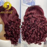 250% Density 99J Burgundy Bouncy Curly Human Hair Wigs 13x4 Transparent Lace Front Wig Colored Spring Fumi Curly Wigs for Women