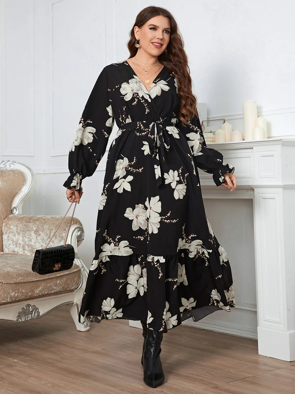 Plus Size Summer Women Dress Wraped V Neck Swing Dresses Waist Belt Floral Pring Robe Ruffle Hem Long Sleeves Female Sundress