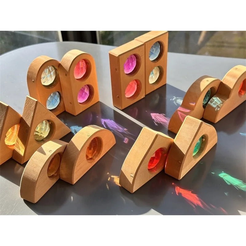 Kids Sparkling Orient Gems Wooden Toys Step Gables Stacking See Through Rainbow Shape Building Blocks