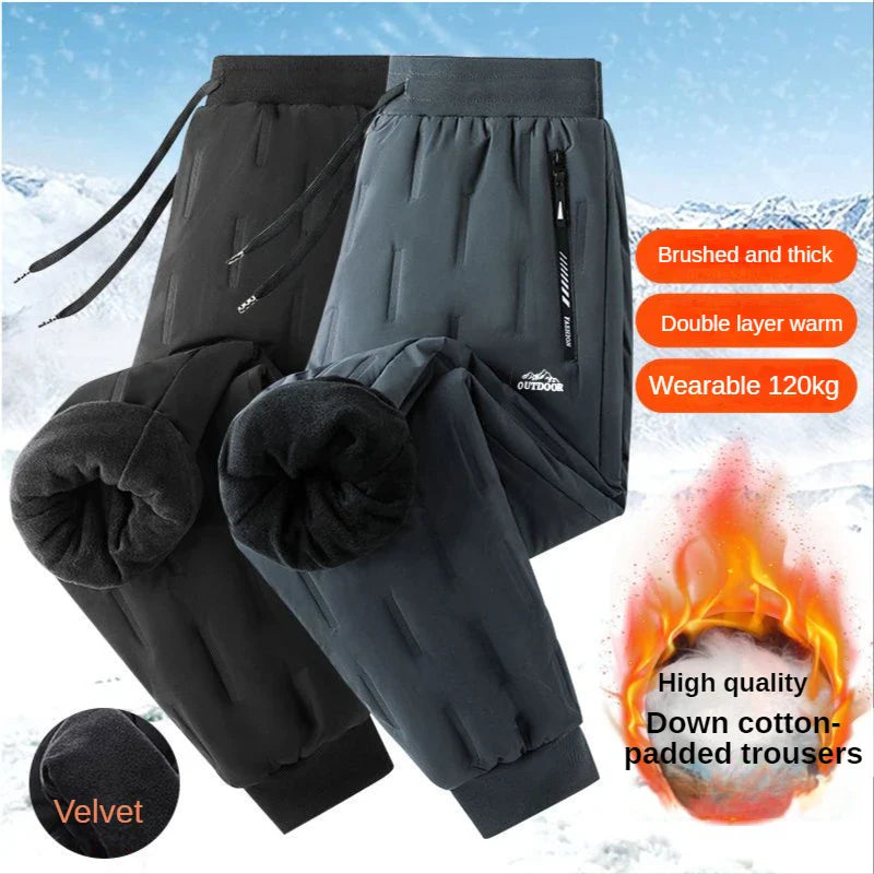 New Winter Pants Men Brushed Windproof Padded Warm Fleece Cotton-padded Down Cotton Cold Proof Plush and Thicken Velvet Trousers