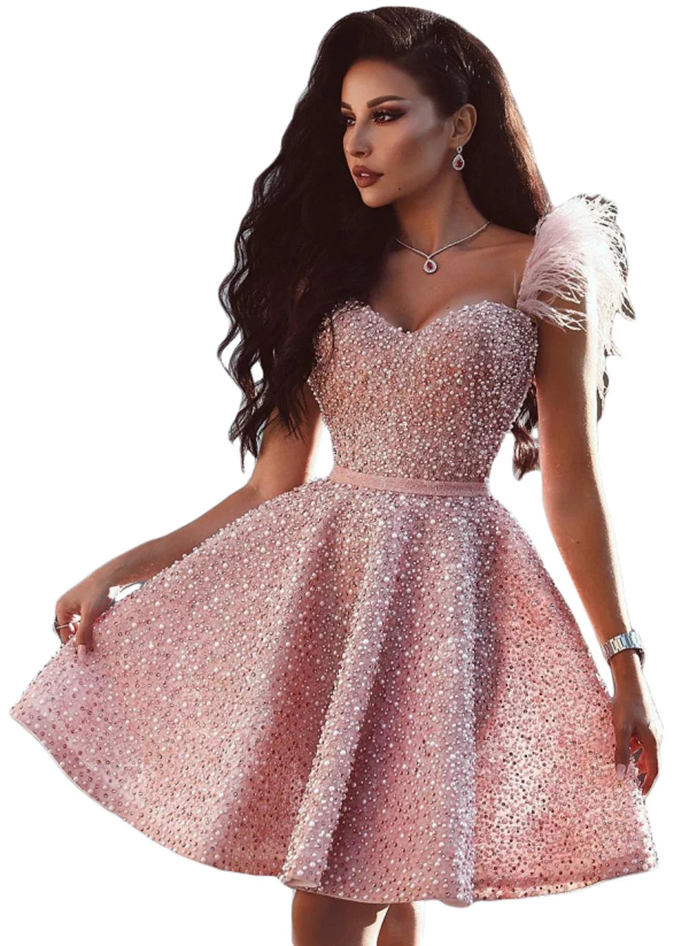 Luxury Pink Beaded Evening Dresses For Women 2023 Sweetheart With Feathers Formal Occasion Cocktail Wedding Prom Party Gowns