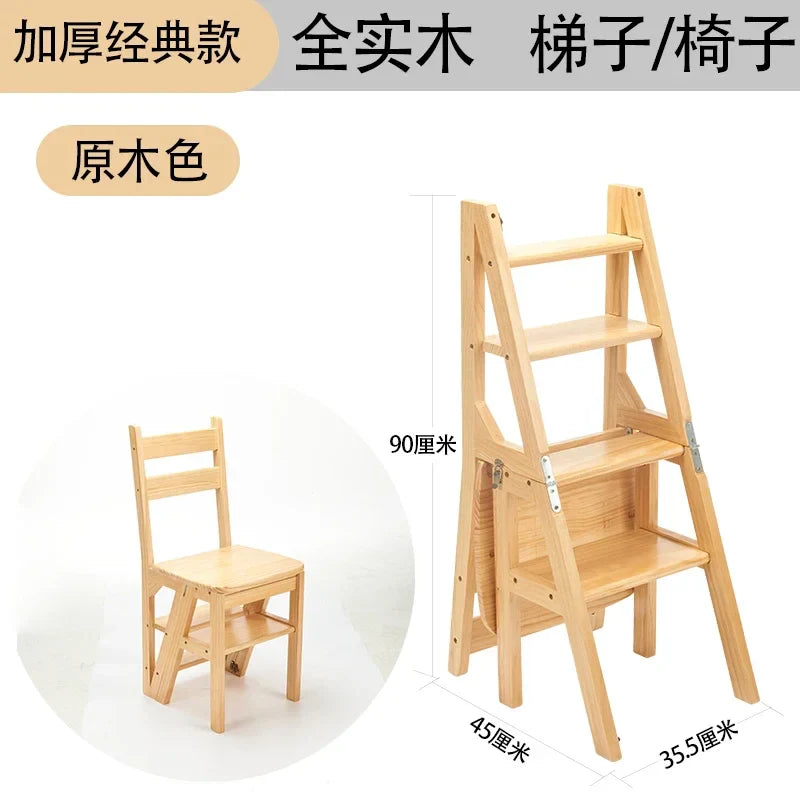 Indoor Climbing High Stools Kitchen Solid Wood Bold Ladder Chair Multi-function Ladder Stool Flip Folding Step Ladder