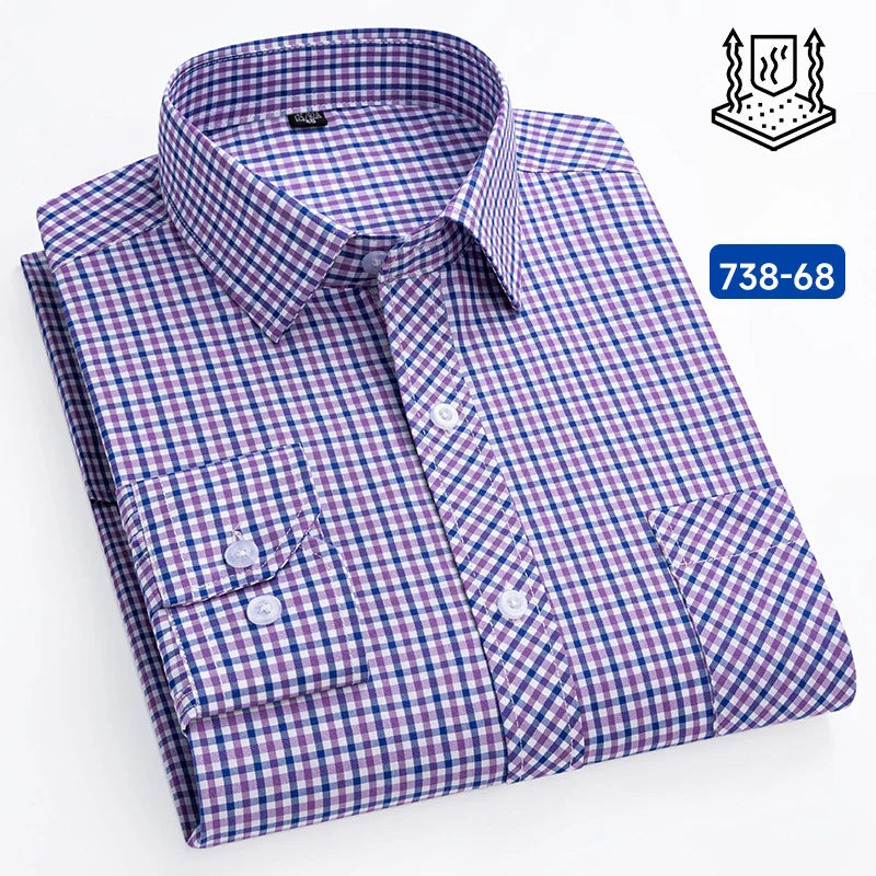 New in shirt 100%cotton long-sleeve shirts for men thin slim fit formal plain shirt plaid designer tops office elegants clothes