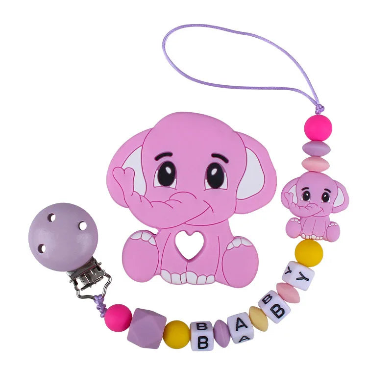 Baby Personalized Name Pacifier Clip Newborn Pacifiers Holder Custom Elephant Gum Nipple Chain Set Silicone Teething Toy Gift