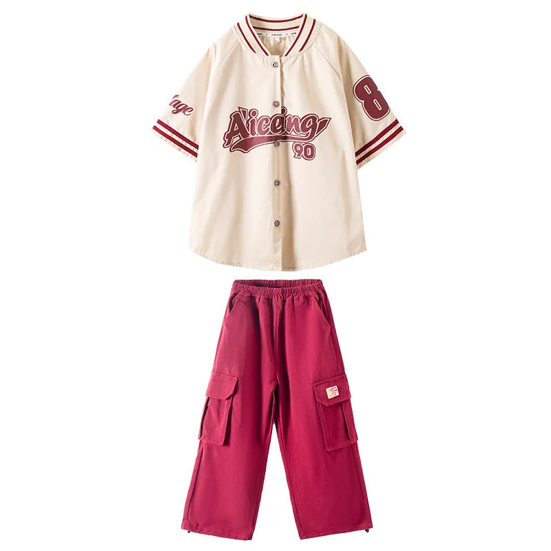 Kids Hip Hop Clothing Girl Letter Print Jacket Baseball Uniform Burgundy Casual Jogger Pant 2pcs Kpop Clothes Performance Outfit