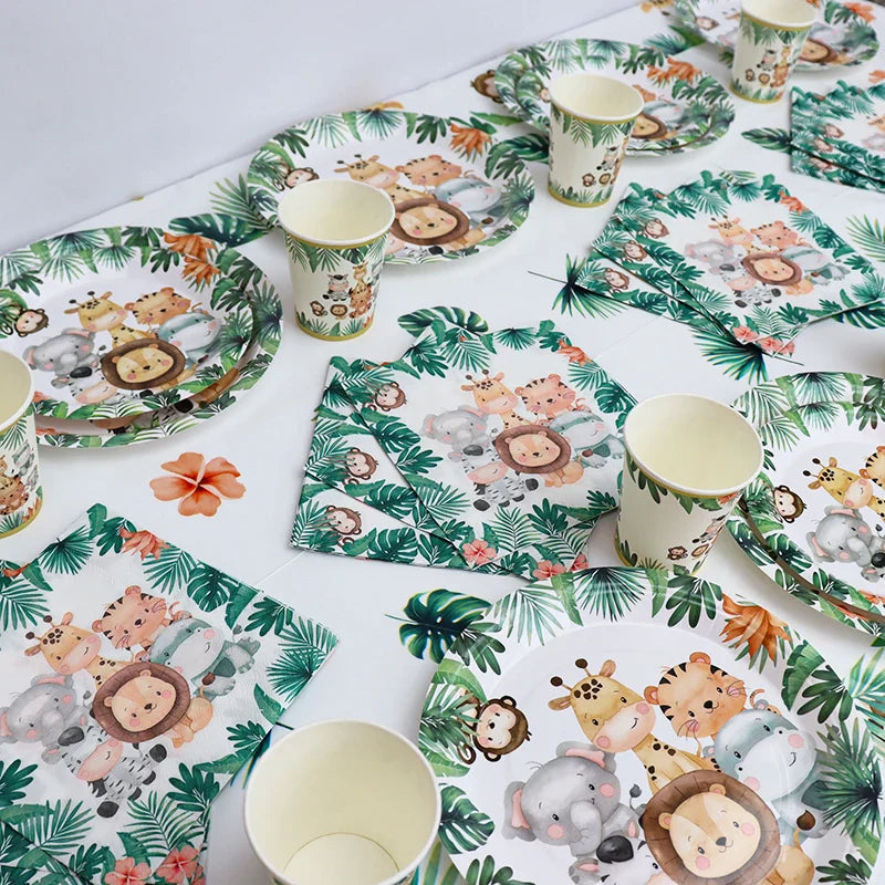 Jungle Safari Birthday Decorations Animal Disposable Tableware Forest Woodland Baby Shower Boy 1 2 3 4 5 Birthday Party Supplies