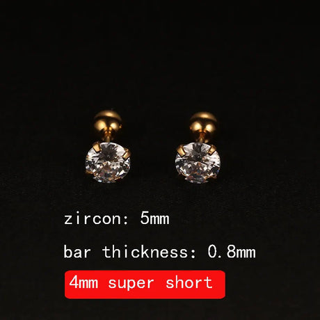 2PCS 4mm Short Ear Studs Earring Outside Upper Helix Earrings Titanium Steel CZ Crystal 3mm 4mm 5mm Mix Colors 0.8mm 20G Screw