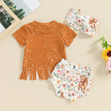 Toddler Baby Girl Western Outfit Wild Hair Don t Care Tassel T-shirt Cow Print Floral Bloomers Shorts Bow Headband