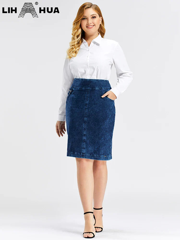 LIH HUA Women's Plus Size Denim Skirt Cotton Elastic Slim Fit Skirt Casual Fashion Knit Skirt