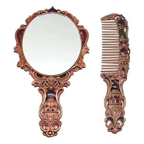 Women's Vintage Castle Portable Cosmetic Mirror Russian Handle Mirror Set with Comb