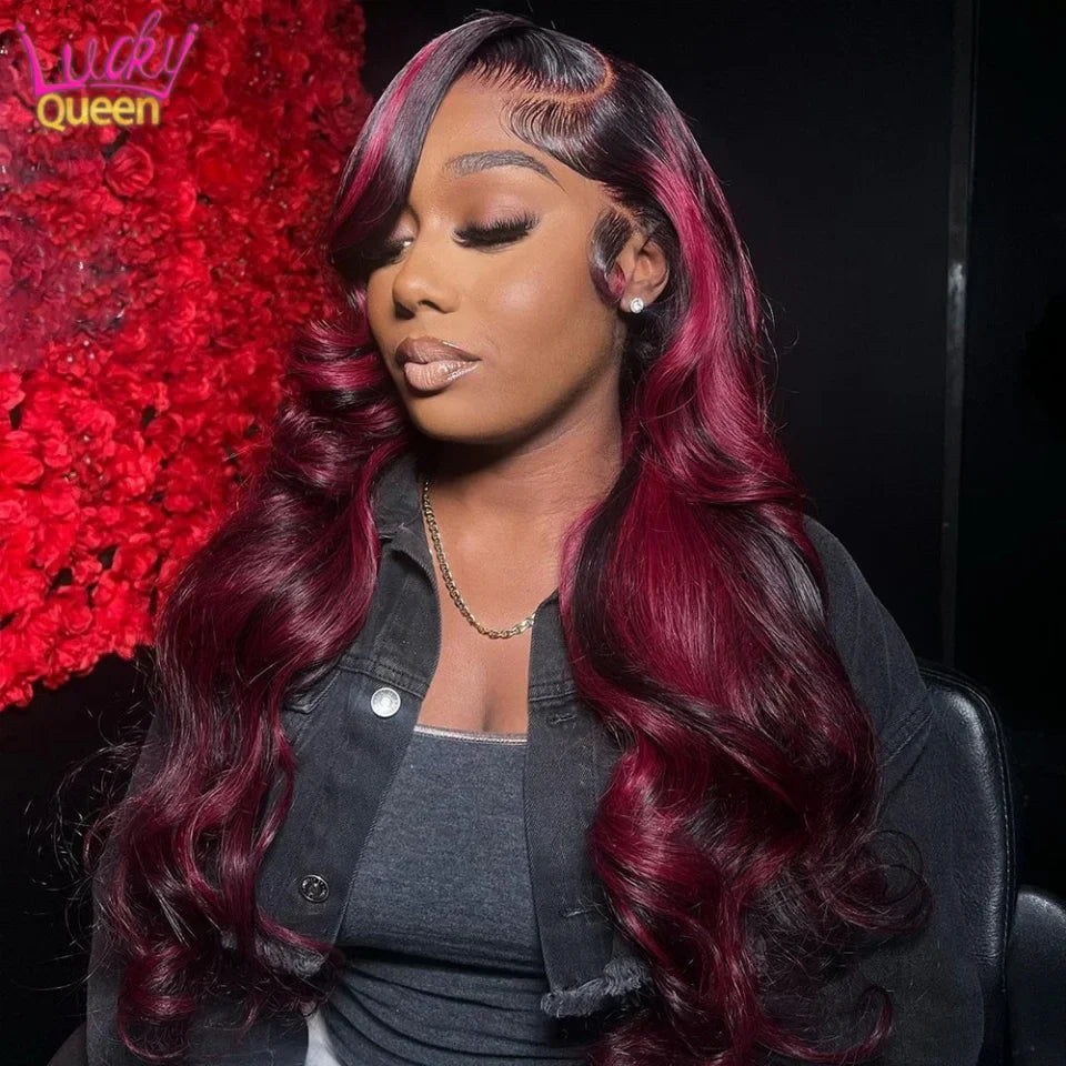 180% Density Highlight 1B Burgundy 13x6 Lace Frontal Human Hair Wigs 13x4 Body Wave Lace Front Wig For Women Pre Plucked