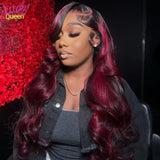 180% Density Highlight 1B Burgundy 13x6 Lace Frontal Human Hair Wigs 13x4 Body Wave Lace Front Wig For Women Pre Plucked