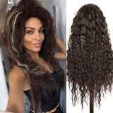 GNIMEGIL Synthetic Long Wave Wig for Woman Natural Brown Wig with Clip Free Part Side Bangs 80s Curly Wigs for Women Ombre Wig