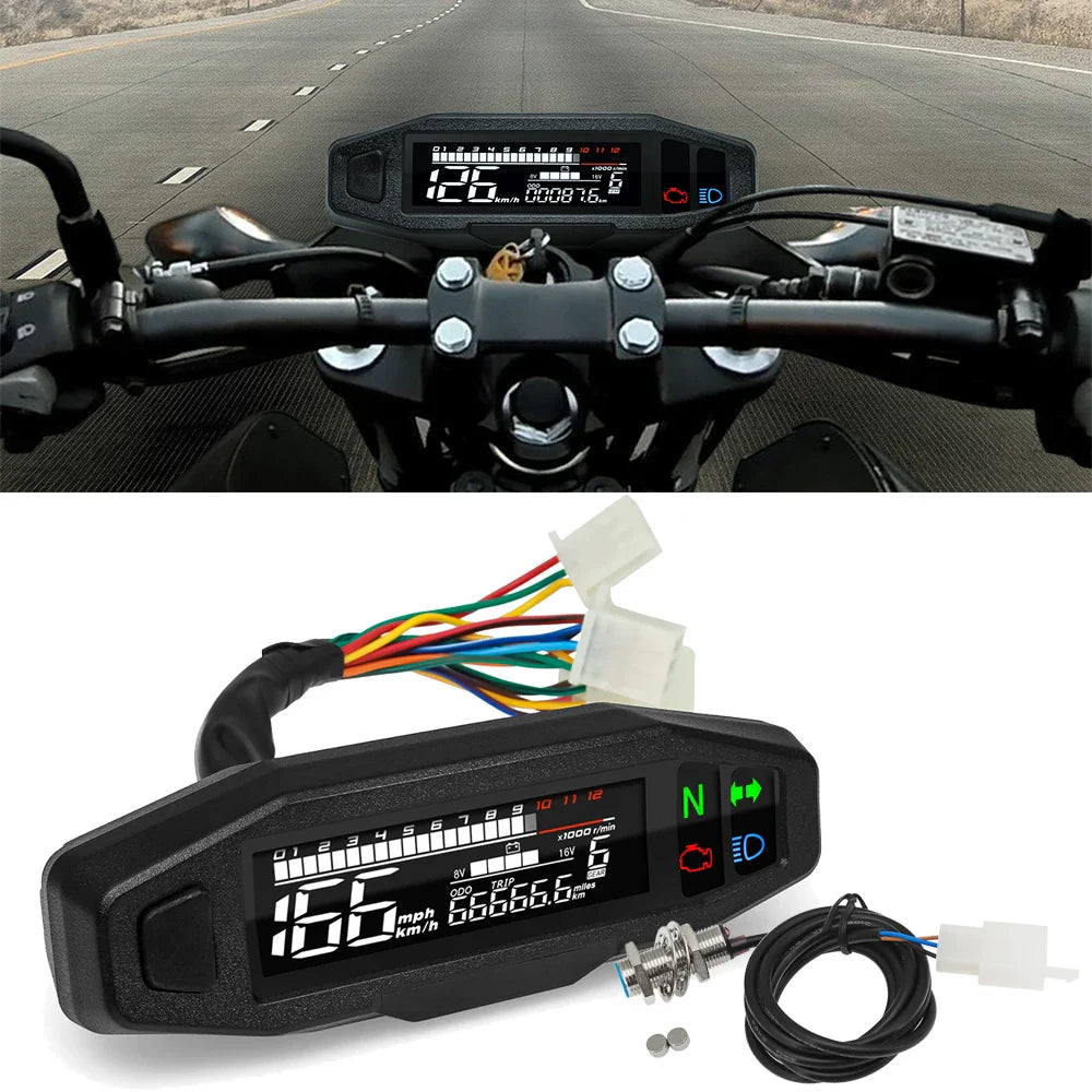 Newest Universal 12000 RPM Motorcycle Speedometer Oil Gauge Tachometer Digital Meters Instrument Cluster Turn Signal Light