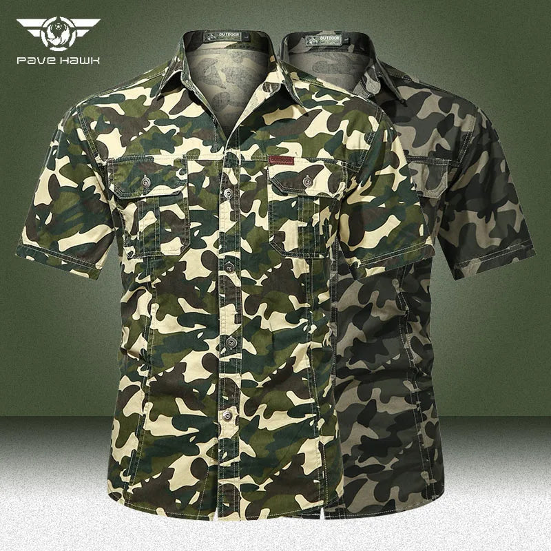 Camo Tactical Shirts Men Summer Camouflage Army Green Short Sleeve Cargo Shirt Mens Military Wear-resistant Work Chemise Homme