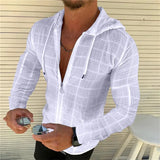 Fashionable new men's zippered hooded white plaid T-shirt hip-hop long sleeved cardigan men's T-shirt top S-3XXL