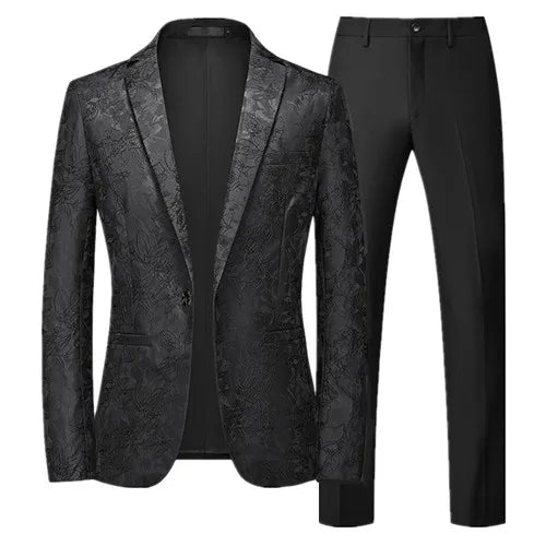 Fashion Brand Men's Jacquard Suit Classic Black / White / Blue Business Wedding Banquet Party Dress Men Blazers and Pants