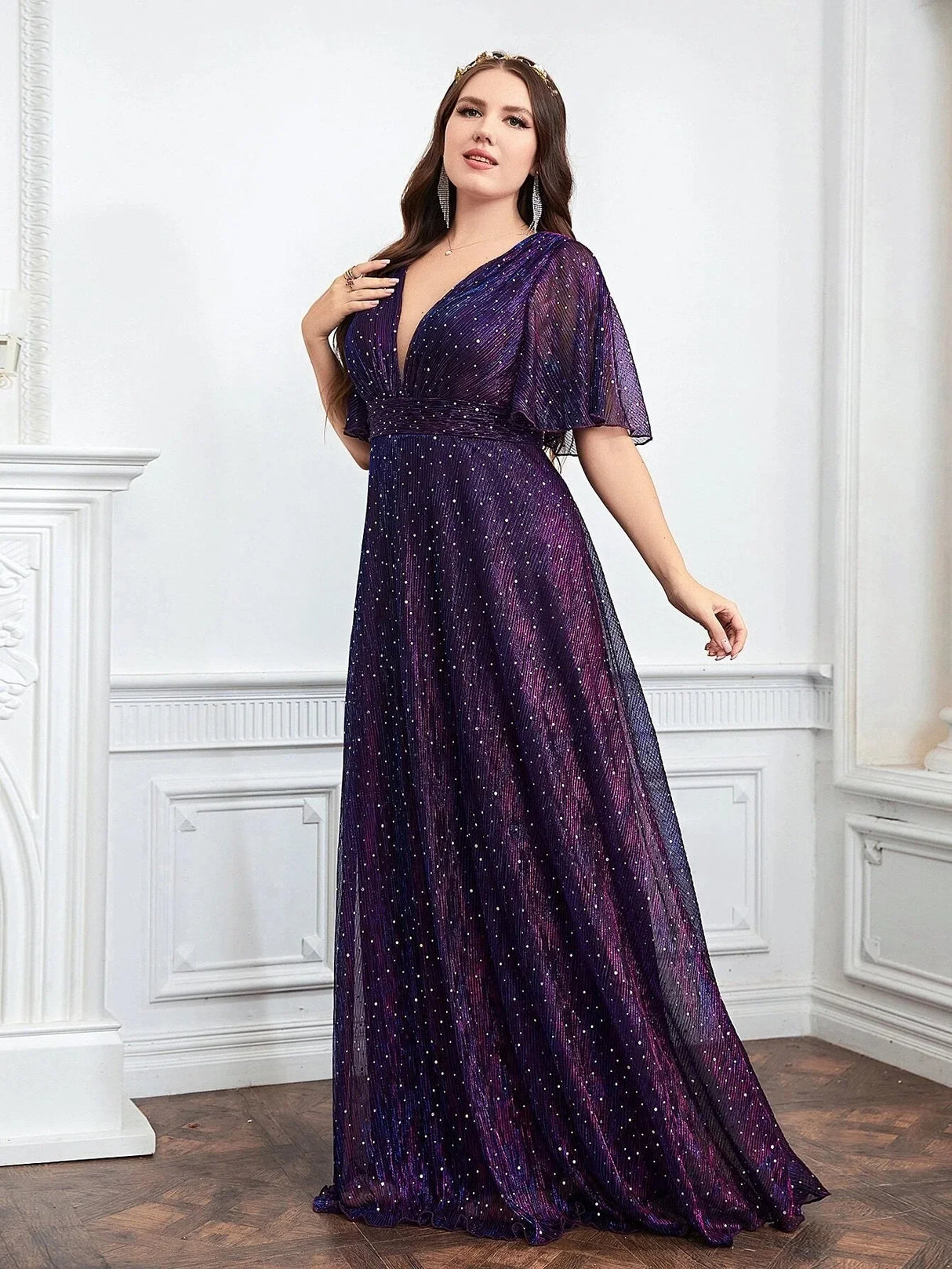 Sequin Evening Dress For Wedding Bridesmaid Plus Size Female Purple Plunging Neck Butterfly Sleeve Glitter Party Lady Dress