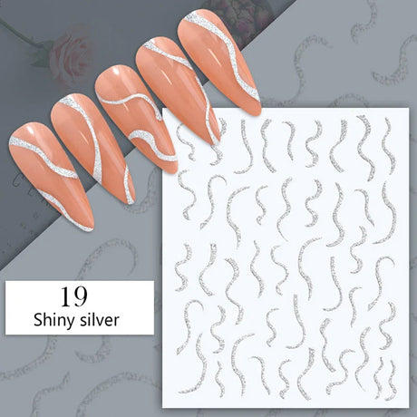 3D Silver Frame Nail Sticker Silver Bronzing Stripe Lines Sliders For Nails Tribal Pattern Decals Marble Blooming Nail Tattoos