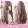 LM Cosplay Wig With Bangs Synthetic Straight Hair 24 Inch Long Heat-Resistant Pink Wig For Women