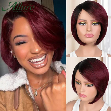 Burgundy Short Bob Wig With Bangs Wear to Go Bob Human Hair Wigs For Black Women Colored 99J Brown Brazilian Hair Wigs Allure