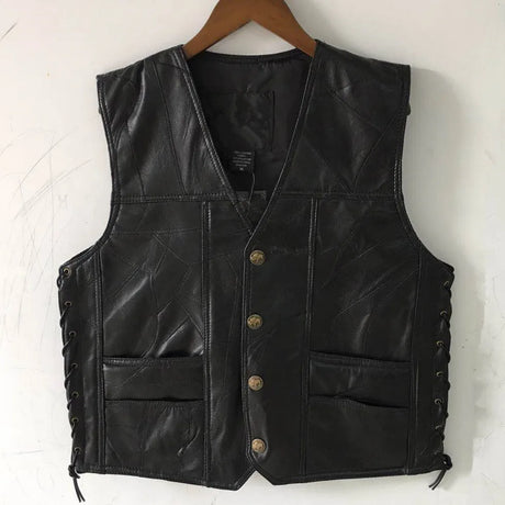 Men's Motorcycle Leather Vest Single Breasted Embroidered Sleeveless Jacket Punk Style Motorbike Waistcoat for Men Clothing