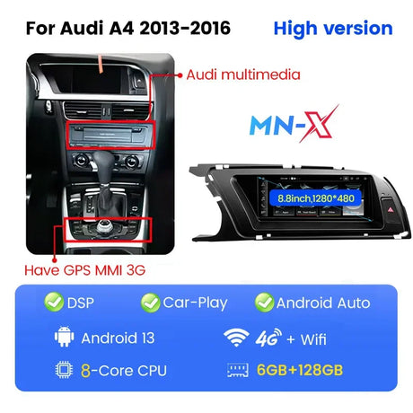 Android 13 CarPlay Auto Radio Intelligent System for Audi A4 B8 A5 2009 2010 - 2016 Car Multimedia Player Stereo GPS Navi Screen