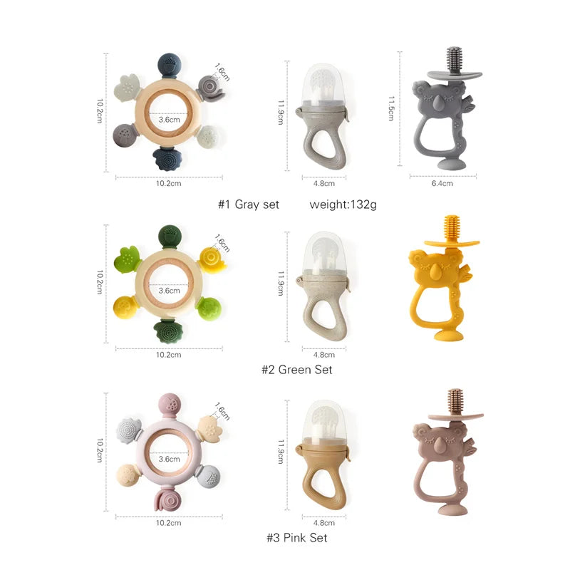 1Set Baby Silicone Koala Training Toothbrush Wooden Ring Silicone BPA Free Toddler Teether Chew Toys Handle Teether Kids Gift