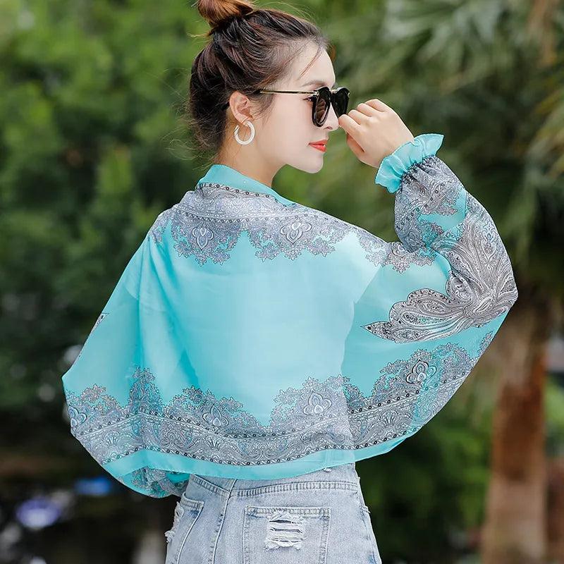 Spring Summer Chiffon Sunscreen Fake Collar Clothing Shawl Outdoor Riding Cashew Printing Sun Protection Sleeves Silk Scarf Wrap