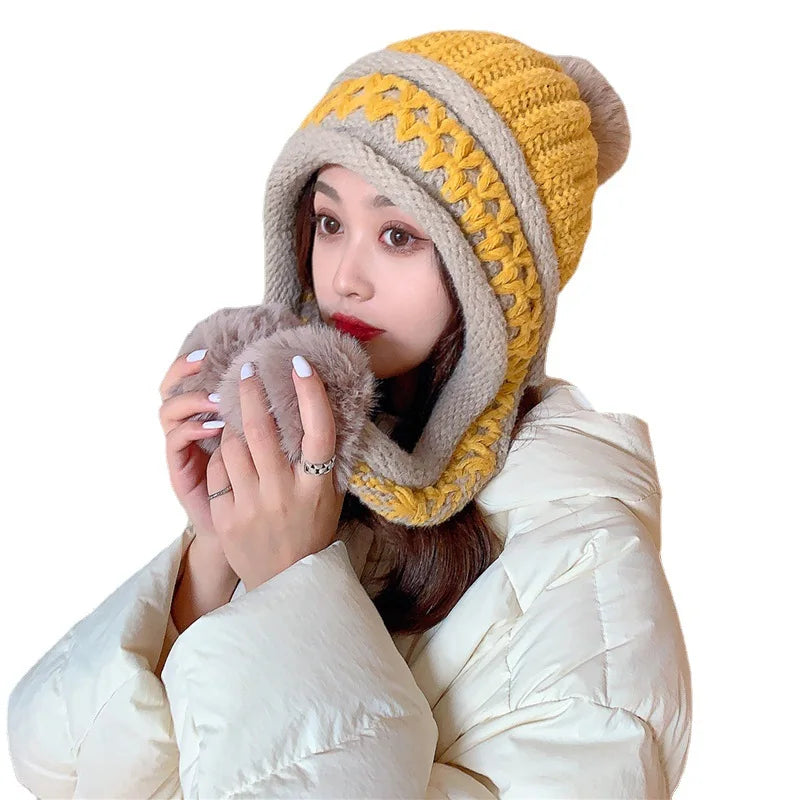 New Knitted Hat Thick Warm Earflap Hats Scarf 2Pcs Set Fleece Lined Ball Pompom Skullies Beanies Women Winter Rabbit Fur Cap