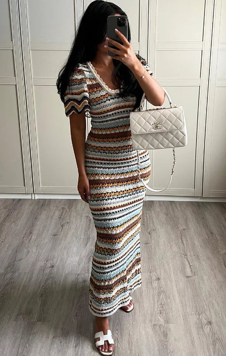 Knitted Stripped U-Neck Short Sleeve Dresses Female Crochet Straight Bodycon Vestidos Women Fashion Casual Beach Street Clothing