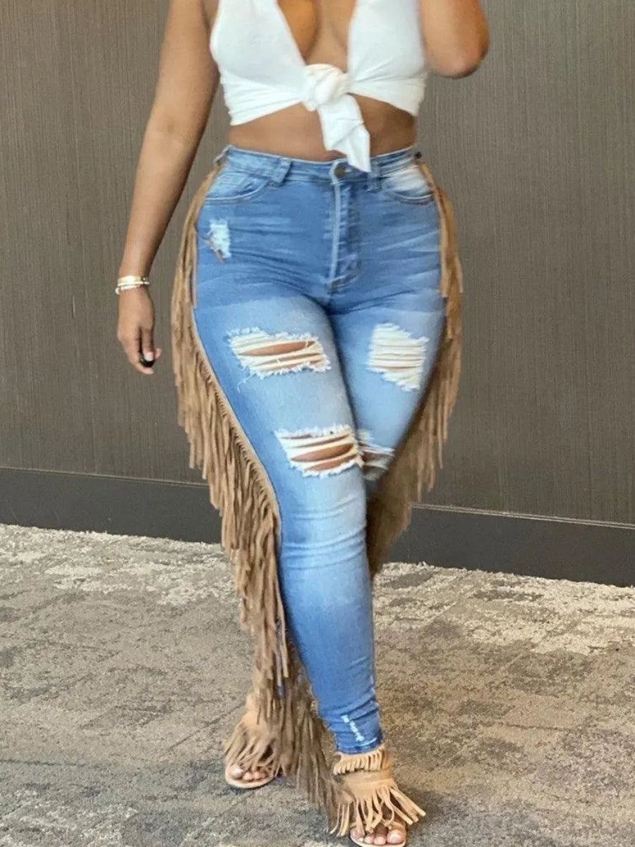 LW Plus Size summer jeans Tassel Design Ripped Jeans skinny Pants Ladies Jeans Y2K Summer High Street Cargo Pants