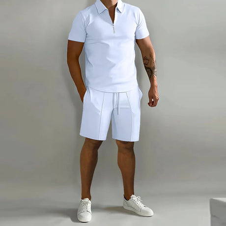 Summer New Solid Color Men's Sets High Street POLO Collar Short Sleeve Zip Fastener Pullovers Elastic Waist Pockets Y2K Shorts