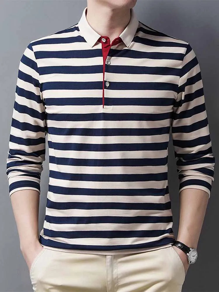 Cotton Spring And Autumn New Business Leisure Lapel Long Sleeve Stripe Contrast Youth T-shirt  5605