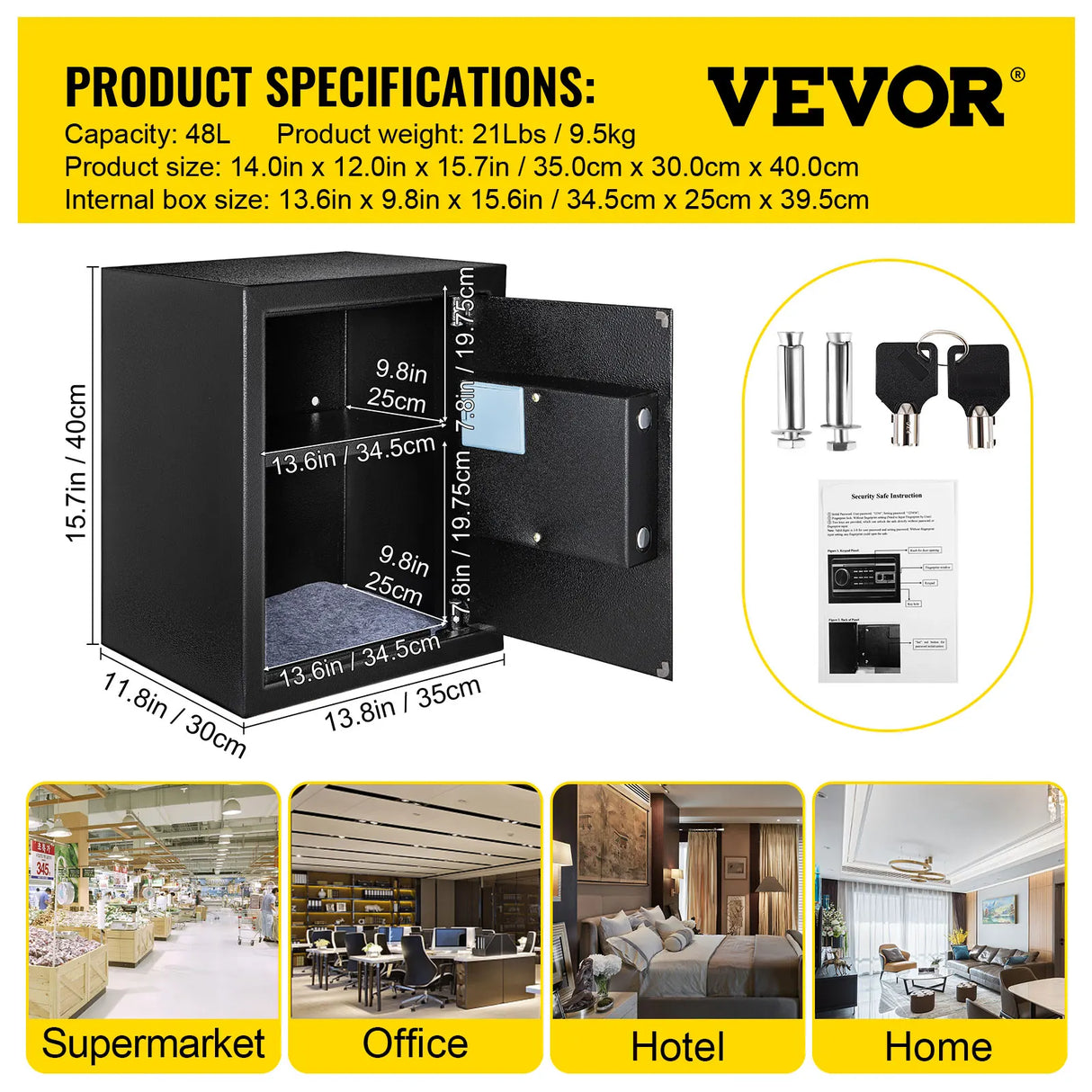 VEVOR Fingerprint Locks Safe Deposit Box 0.8/1.7/2.1 Cubic Feet Digital Electronic Secret Hidden Piggy Bank for Store Money Guns