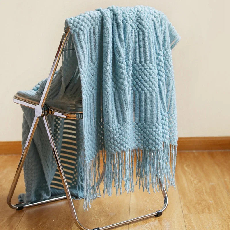 Textured Knitted Throw Blankets with Tassels Cozy Woven Decorative Boho Bed Blanket for Sofa Bed Chair Pattern for All Seasons