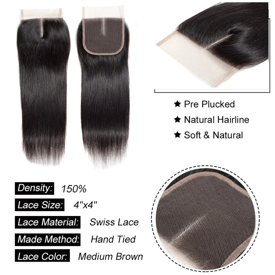 Cranberry  Straight Hair Bundles With Closure 100% Remy Peruvian Human Hair Bundles With Closure Middle Part 4x4 Lace Closure